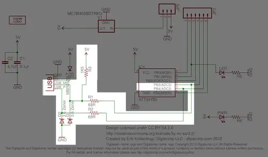 Digispark Schematic with circuitry connected to XTAL1 and XTAL2 pins highlighted.