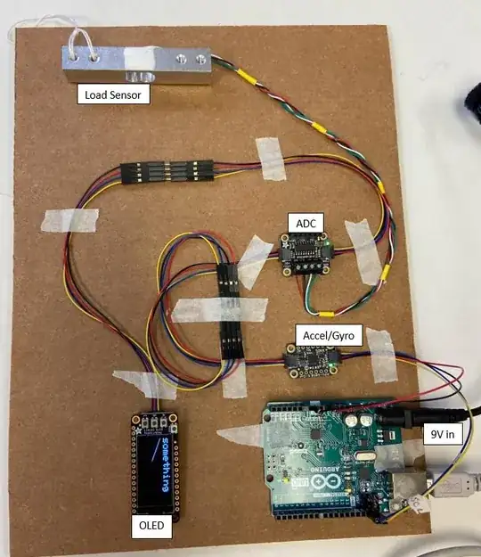 picture of an arduino connected to multiple small sensors, all taped to a cardboard tray