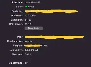 Info from Wireguard on my Mac showing now data was received (handshaking did not handle correctly)