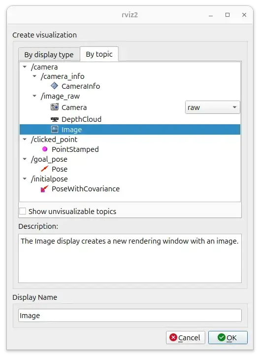 Topic selection panel in rviz showing the image topic is selected