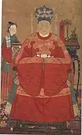Noble lady wearing a round-collared jacket as upper garment and a skirt as lower garment (front) Lady-in-waiting wearing a short-sleeved round collar jacket with a skirt (left), Ming dynasty.