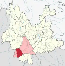Location of Lancang County (red) in Pu'er City (pink) and Yunnan
