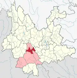 Location of Zhenyuan County (red) and Pu'er City (pink) within Yunnan