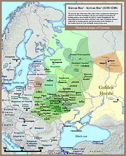Historical map of Kievan Rus' and territory of Ukraine: last 20 years of the state (1220–1240).