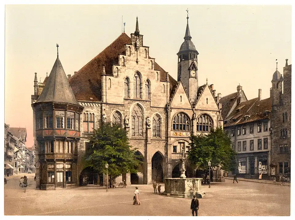 A photochrom of Hildesheim town hall in Germany, c. 1890s, using fewer color plates