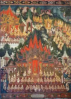 Image 38Mural painting at Phra Thi Nang Phutthaisawan dates back to the early Rattanakosin period. (from Culture of Thailand)