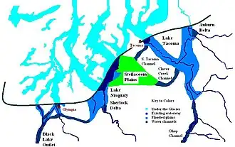 Aerial view of Glacial lakes Lake Tacoma, Lake Nisqually, & Lake Russell