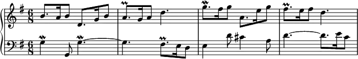 
\new PianoStaff <<
 \new Staff \relative c'' {
  \key g \major \time 6/8
  b8. a16 b8 d,8. g16 b8 |
  a8.\prall g16 a8 d4. |
  g8.\mordent fis16 g8 a,8. e'16 g8 |
  fis8.\prall e16 fis8 d4. |
 }
 \new Staff \relative c' {
  \key g \major \clef bass
  g4\mordent g,8 g'4.~\mordent |
  g4. fis8.\prall e16 d8 |
  e4 d'8 cis4 a8 |
  d4.~ d8. e16 c8 |
 }
>>
