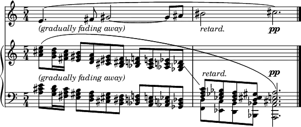   <<
    \new Staff \with {
    \override VerticalAxisGroup.default-staff-staff-spacing.padding = #3
	}
	\relative c' {
	\override VerticalAxisGroup.staff-staff-spacing.basic-distance = #100
    \set Score.tempoHideNote = ##t
    \numericTimeSignature
    \tempo 4 = 66
    \set Staff.midiInstrument = #"alto sax"
    \time 5/4 
    e4.-\markup {\italic "(gradually fading away)"} (fis8 gis2 ~ gis8 ais bis2-\markup {\italic "retard."} cis2.)\pp
	}
    \new GrandStaff <<
    \new Staff = "a" 
	\relative c'' {
    \set Staff.midiInstrument = #"piano"
    \showStaffSwitch
	\override Slur.details.edge-attraction-factor = 1000 <a cis e>8 (<g b d>16 <fis a cis> <e gis b>8 [<d fis a> <cis eis gis> <b dis fis>] <bes d f> [<a cis e> <aes c ees> <ges bes des>] 
    \change Staff = "b"
    \stemUp
    <f a c>^\markup {\null \raise #4 \italic "retard."} [<ees ges bes> <d f a> <d eis gis>] \override DynamicLineSpanner.staff-padding = #5.5 <cis e a>2.)^\pp 
 }
	\new Staff = "b" \relative c' {
    \set Staff.midiInstrument = #"piano"
    \clef bass
    <a cis e>8^\markup {\italic "(gradually fading away)"} <g b d>16 <fis a cis> <e gis b>8 [<d fis a> <cis eis gis> <b dis fis>] <bes d f> [<a cis e> <aes c ees> <ges bes des>] 
    \stemDown
    <f d'> [<ees c'> <d b'> <bes bes'>] <a a'>2.
    \bar "|."
 }
 >>
>>

