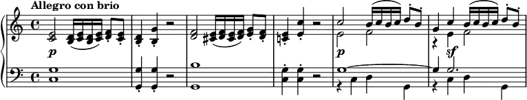 
\new PianoStaff <<
  \new Staff <<
    \new Voice \relative c' {
      \tempo "Allegro con brio"
      <c e>2 <b d>16( <c e> <b d> <c e>) <d f>8-. <c e>-. |
      <b d>4-. <b g'>-. r2 |
      <d f>2 <cis e>16( <d f> <cis e> <d f>) <e g>8-. <d f>-. |
      <c! e>4-. <e c'>-. r2 |
      \voiceOne c'2 b16( c b c) d8-. b-. |
      g4 c b16( c b c) d8-. b-. |
    }
    \new Voice \relative c' {
      \voiceTwo
      s1*4 |
      e2 f |
      r4 e f2 |
    }
  >>
  \new Dynamics { s1\p | s1*3 | s1\p | s4 s\sf }
  \new Staff <<
    \new Voice \relative c {
      \clef bass
      <c g'>1 |
      <g g'>4-. q-. r2 |
      <g b'>1 |
      <c g'>4-. q-. r2 |
      \voiceOne g'1~ |
      g4 g2.
    }
    \new Voice \relative c {
      \voiceTwo
      s1*4 |
      r4 c d g, |
      r4 c d g, |
    }
  >>
>>
