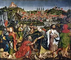 The apostles are depicted in the foreground giving their farewells while the town is shown in the background nestled on green hills.