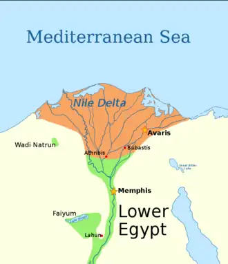 Orange shading indicates the territory possibly under control of the 14th Dynasty, according to Ryholt.[1]