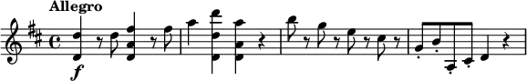 
\relative c'' {
  \tempo "Allegro"
  \key d \major
  <d d,>4\f r8 d <fis a, d,>4 r8 fis |
  a4 <d d, d,> <a a, d,> r |
  b8 r g r e r cis r |
  g8-. b-. a,-. cis-. d4 r |
}
