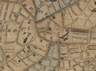 Detail of 1826 map of Boston, showing Market Street, near Brattle, Court, and Washington Streets, on the future site of Boston City Hall and City Hall Plaza in Government Center