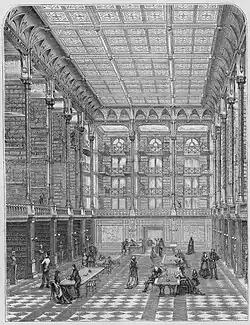 Black-and-white drawing of a large main hall with tall bookshelves