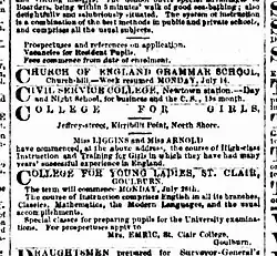 Earliest newspaper advertisement mentioning Jeffrey Street being for a college for girls