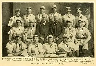 Fourteen men in light baseball uniforms and two in dark suits