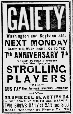 Advertisement, 1915: "Max Spiegel's Strolling Players with Gus Fay the famous German comedian"