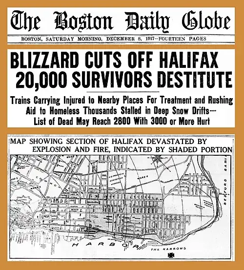 The front page of the Boston Daily Globe. A map of Halifax is shown with shaded areas indicating the damaged areas.