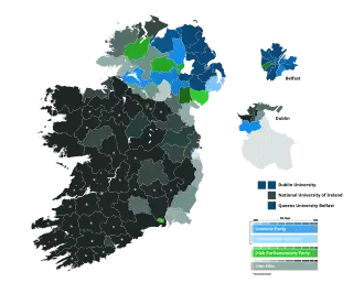 The results of the 1918 Irish general election, in which Sinn Féin and the Irish Parliamentary Party won the majority of votes on the island of Ireland, shown in the color green and light green respectively, with the exception being primarily in the East of the province of Ulster.