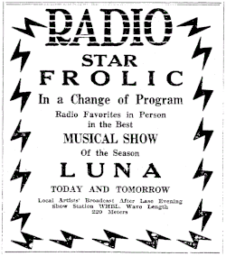 May 1925 advertisement promoting WHBL's theater broadcasts at Logansport, Indiana[10]