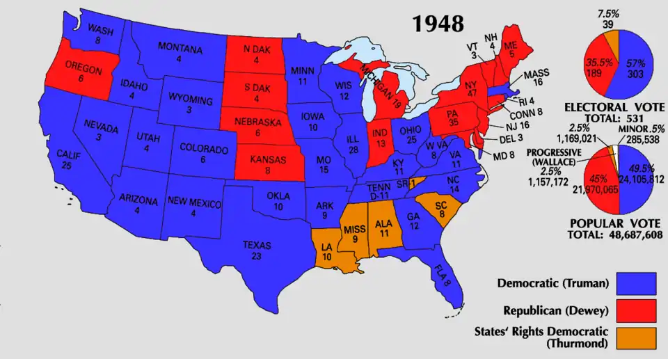 1948 United States presidential election; orange denotes electoral votes won by Strom Thurmond of the Dixiecrat.