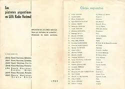 1959 "Los Pintores Argentinos en LRA Radio Nacional" exhibition brochure listing featured artists and corresponding artwork.