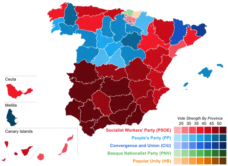Map of Spain showcasing winning party's strength by constituency