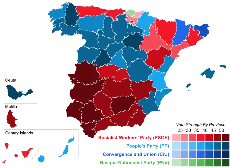Map of Spain showcasing winning party's strength by constituency