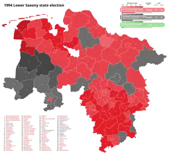 1994 Lower Saxony state election, Red is SPD, Black is CDU