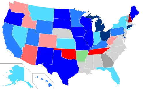 Net changes to lower house seats after the 2008 elections      +1 Dem seat      +2 Dem seats      +3–5 Dem seats      +6–9 Dem seats      +1 Rep seat      +2 Rep seats      +4 Rep seats      +15 Rep seats      +1 Ind seat      +1 Green seat