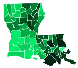 Support for Kennedy by parish:   >40%   35–40%   30–35%   25–30%   20–25%   15–20%   10–15%   5–10%