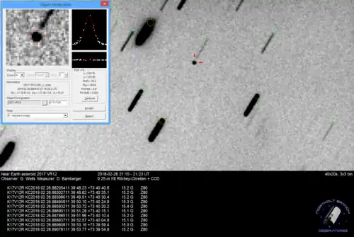 2017 VR12 on 26 February 2018. The asteroid is visible at 15th magnitude, at a distance of 4.8 million km (3.0 million miles) from Earth. The telescope is tracking the asteroid, causing stars to trail as the asteroid slowly moves across the sky.[8]