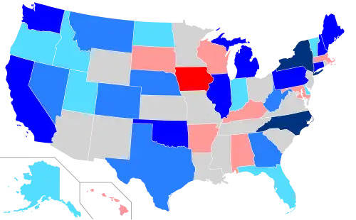 Net changes to upper house seats after the 2018 elections      +1 Dem seat      +2 Dem seats      +3–5 Dem seats      +6–8 Dem seats      +1 Rep seat      +3 Rep seats