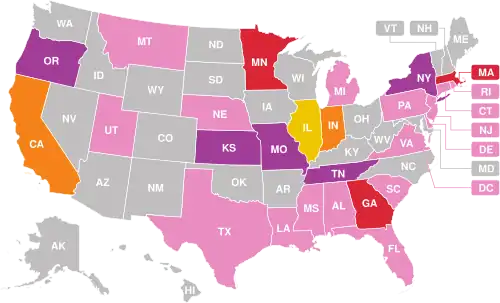 A total of 68 deaths linked to vaping products have been confirmed among 27 states and the District of Columbia: Alabama, California (4), Connecticut, Delaware, District of Columbia, Florida, Georgia (3), Illinois (5), Indiana (4), Kansas (2), Louisiana, Massachusetts (3), Michigan, Minnesota (3), Mississippi, Missouri (2), Montana, Nebraska, New Jersey, New York (2), Oregon (2), Pennsylvania, Rhode Island, South Carolina, Tennessee (2), Texas, Utah, and Virginia.