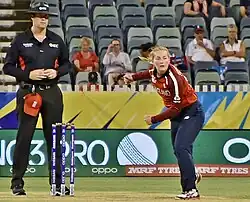 Ecclestone bowling for England during the 2020 ICC Women's T20 World Cup