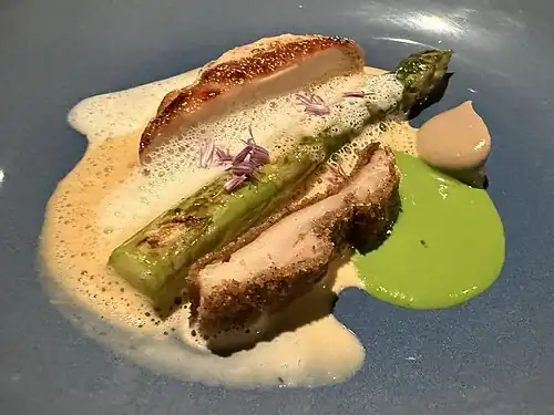 Cornish hen 2 ways with first asparagus of the season and lobster bisque