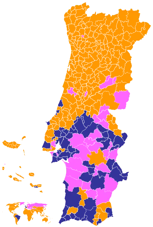 2025 election by municipality: AD (orange), PS (pink), CH (blue)