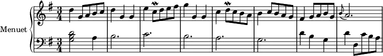 \header {
tagline = ##f
}
upper = \relative c'' {
\clef treble
\key g \major
\time 3/4
\tempo 2 = 72
d4 g,8 a b c | d4 g, g | e' c8\mordent d e fis | g4 g, g | c d8\mordent c b a | b4 c8 b a g | fis4 g8 a b g |
\grace b8( a2.)
}
lower = \relative c' {
\clef bass
\key g \major
\time 3/4
< g b d >2 a4 | b2. c2. b2. a2. g2. | d'4 b g | d' d,8 c' b a
}
\score {
\new PianoStaff <<
\set PianoStaff.instrumentName = #"Menuet"
\new Staff = "upper" \upper
\new Staff = "lower" \lower
>>
\layout {
\context {
\Score
\remove "Metronome_mark_engraver"
}
}
\midi { }
}