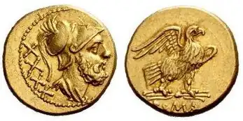 Issue worth 40 (XXXX) asses, 211 BC. The obverse depicts the god Mars.