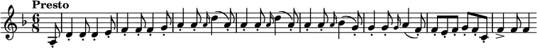 
\new Staff <<
  \set Staff.midiInstrument = #"violin"
  \relative c'{
  \clef treble
  \key d \minor
  \time 6/8
  \tempo "Presto" \tempo 4. = 200
  \partial 8 a8_. d4_. 8_. 4_. e8_. f4_. 8_. 4_. g8_. a4_. 8_. \grace {a16} (d4 a8_.) a4_. 8_. \grace {a16} (d4 a8_.) a4_. 8_. \grace {a16} (bes4 g8_.) 4_. 8_. \grace {g16} (a4 f8_.) f_. e_. f_. g_. f_. c_. f4_> 8 4 
}
>>
