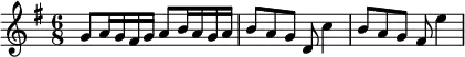 {
#(set-global-staff-size 18)
\set Score.currentBarNumber = #1
\bar ""
\key g \major \time 6/8
\relative c'' {
\clef treble
g8 a16 g fis g a8 b16 a g a
b8 a g d c'4
b8 a g fis e'4
} }