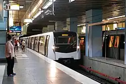 Bombardier Movia 346 metro train entering Gara de Nord metro station