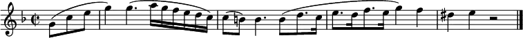 \relative c'' {
\time 2/2 \time 2/2 \key f \major
\partial 4. g8( c e |
g4) g4.( a16 g f e d c) |
c8( b) b4. b8( d8. c16 |
e8. d16 f8. e16 g4) f |
dis4 e r2 | \bar "|."
}