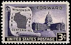 Image 28On May 29, 1948, the U.S. Post Office issued a commemorative stamp celebrating the 100th anniversary of Wisconsin statehood, featuring the state capitol building and map of Wisconsin. (from Wisconsin)
