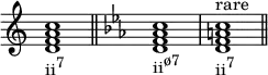 
{
\override Score.TimeSignature #'stencil = ##f
\relative c' {
   \clef treble
   \time 4/4
   \key c \major
   <d f a c>1_\markup { \concat { "ii" \raise #1 \small "7" } } \bar "||"

   \clef treble
   \time 4/4
   \key c \minor
   <d f aes c>1_\markup { \concat { "ii" \raise #1 \small "ø7" } }
   <d f a c>^\markup { "rare" }_\markup { \concat { "ii" \raise #1 \small "7" } } \bar "||"
} }
