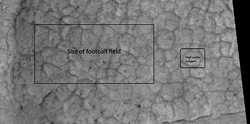 Close-up of high center polygons seen by HiRISE under HiWish program Note: the black box is the size of a football field.