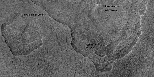 Scalloped terrain labeled with both low center polygons and high center polygons, as seen by HiRISE under HiWish program Location is Casius quadrangle. Image enlarged with HiView.