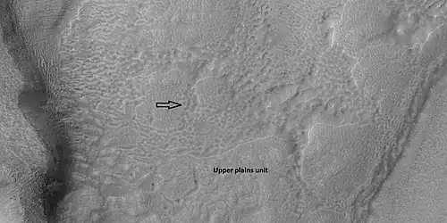 Brain terrain is forming from the breakdown of upper plains unit, as seen by HiRISE under HiWish program. Arrow points to a place where fractures are forming that will turn into brain terrain.