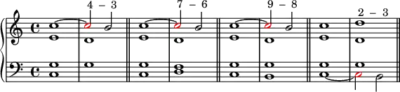 \new PianoStaff <<
\new Staff <<
\new Voice \relative c'' {
\stemUp \clef treble \key c \major \time 4/4
c1^~ \once \override NoteHead.color = #red c2^\markup { " 4 – 3" } b2
c1^~ \once \override NoteHead.color = #red c2^\markup { " 7 – 6" } b2
c1^~ \once \override NoteHead.color = #red c2^\markup { " 9 – 8" } b2
c1 d^\markup { " 2 – 3" }
}
\new Voice \relative c' {
\stemDown
e1 d
e d
e d
e d
}
>>
\new Staff <<
\new Voice \relative c' {
\clef bass \key c \major \time 4/4
\stemUp g1 s
g f
g g
g g
}
\new Voice \relative c {
\clef bass \key c \major \time 4/4
\stemDown c1 g' \bar "||"
c, d \bar "||"
c b \bar "||"
c_~ \once \override NoteHead.color = #red c2 b \bar "||"
}
>>
>>